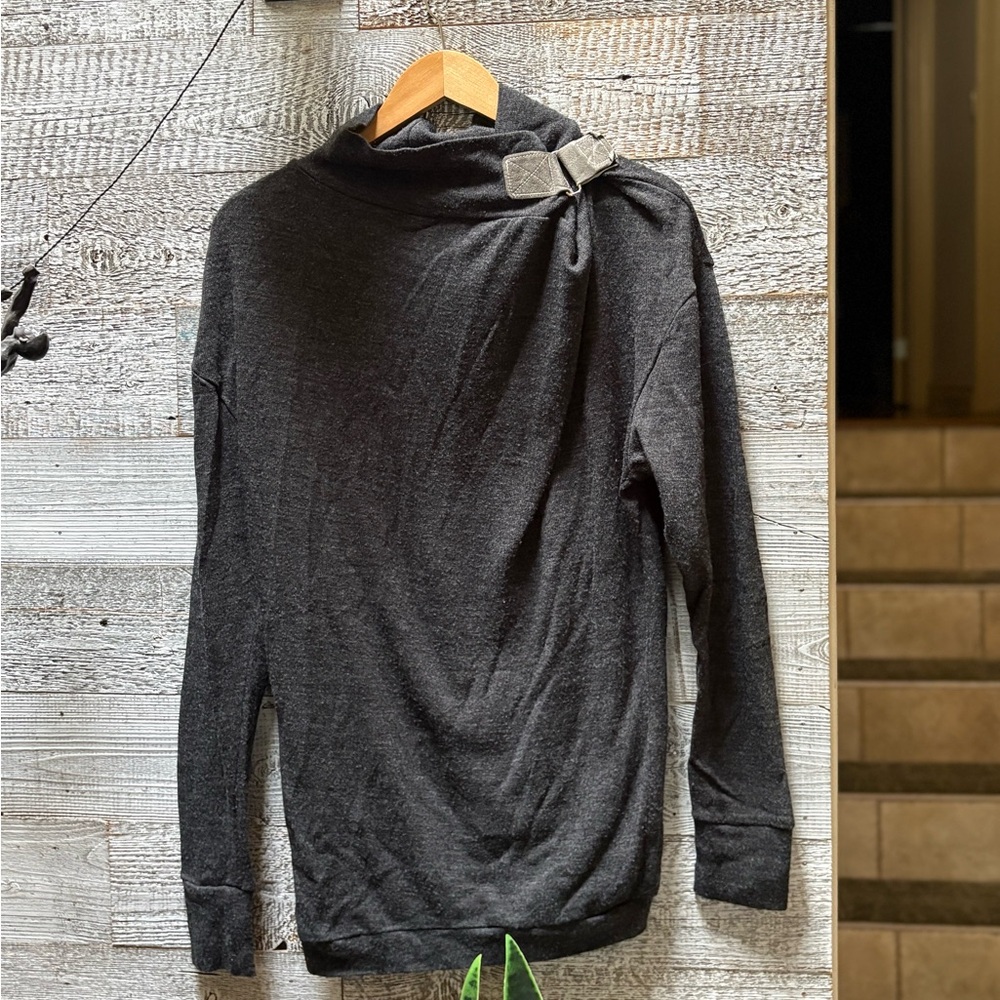JenFashion | Oversized Handmade Buckle Mock-Neck Pullover - Gray, S
